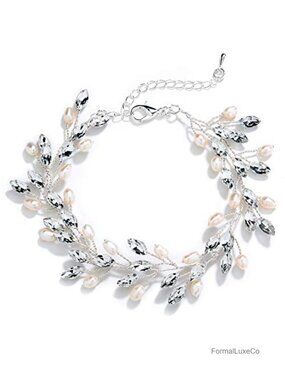 Crystal Pearl Bridal Bracelet 7-8.5 In Silver Chain Lobster Claw